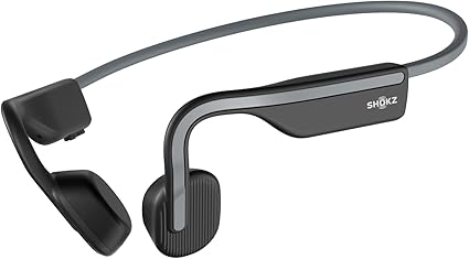 SHOKZ OpenMove grey bone conduction wireless headphones with open-ear design, lightweight frame, and Bluetooth connectivity for running and cycling.