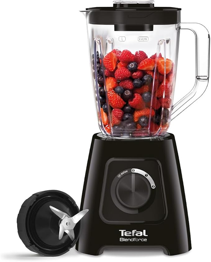 Tefal Blendforce II 600W Blender with 2L Jug – Powerful Smoothie & Shake Maker with Ice Crush Function, 4 Stainless Steel Blades, 2 Speeds + Pulse, Easy Clean Design – Black (BL420840)