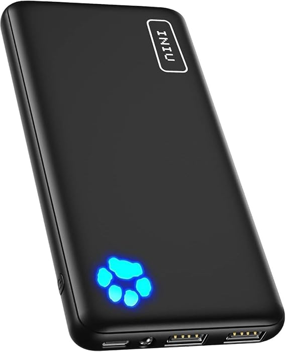 INIU 10000mAh slim power bank in black with USB-C and dual USB-A fast charging ports