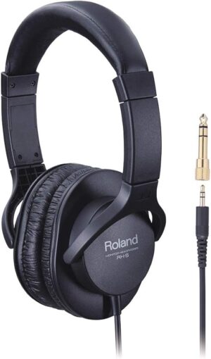 ROLAND RH-5 black over-ear closed-back monitor headphones showing lightweight design and included conversion plug.