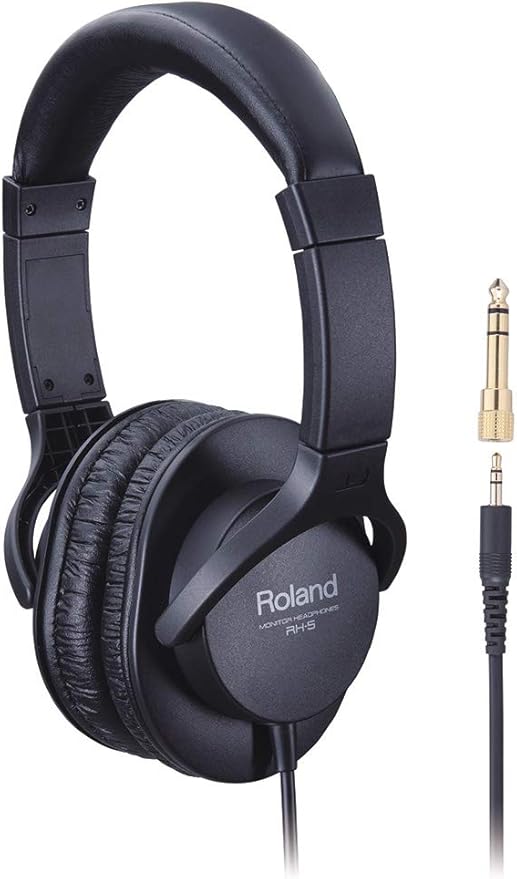 ROLAND RH-5 black over-ear closed-back monitor headphones showing lightweight design and included conversion plug.