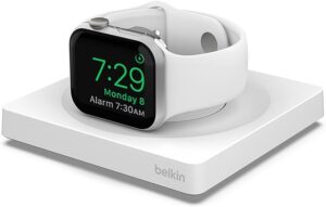 Belkin white wireless Apple Watch charger with Nightstand mode and USB-C cable for Series 1–8 and Ultra