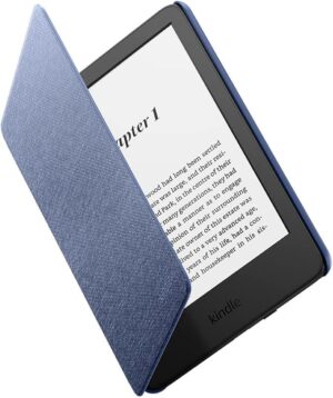 Slim and lightweight Amazon Kindle fabric case in grey, designed for 2024 and 2022 Kindle models, eco-friendly and foldable.