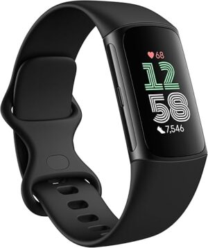 Fitbit Charge 6 in Obsidian/Black showing built-in GPS, heart rate monitoring, exercise modes, and Google Wallet features for users in the United Kingdom
