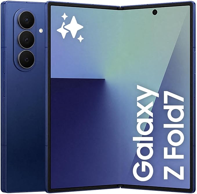 Samsung Galaxy Z Fold7 foldable smartphone in Blue Shadow with dual screen display and AI-powered 200MP camera – UK version