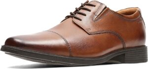 Clarks Men's Tilden Cap Oxford Flats featuring premium leather, Ortholite footbed, and durable thermoplastic outsole, designed for formal wear and comfort in the United Kingdom