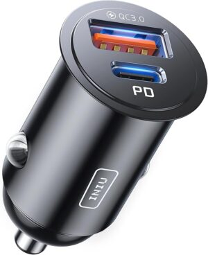 INIU dual port 60W fast car charger with USB-C and USB-A ports, compact metal adapter for smartphones and tablets in UK vehicles