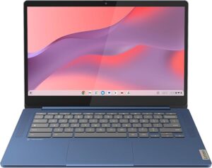 Lenovo IdeaPad Slim 3 Chromebook 14-inch laptop in Abyss Blue with Full HD display, lightweight design, and ChromeOS interface.