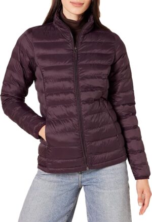 Women's lightweight water-resistant packable puffer jacket by Amazon Essentials, ideal for cold and rainy days in the United Kingdom
