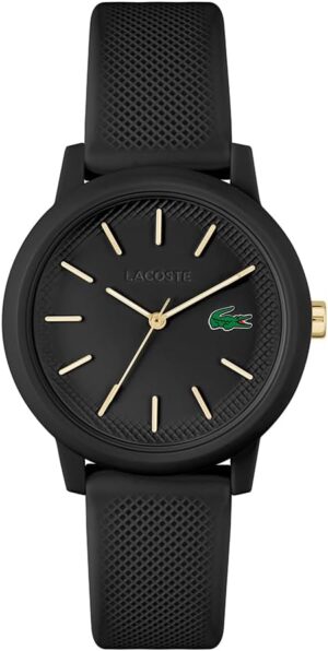 Lacoste 12.12 black silicone quartz watch with gold accents – premium unisex watch popular in the United Kingdom