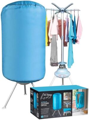 Vivo Technologies 1000W Portable Electric Clothes Dryer in blue, freestanding front-load design, fast and quiet drying – ideal for homes, dorms, and apartments in the United Kingdom.