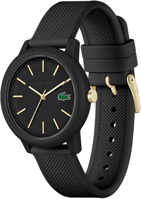 Lacoste 12.12 black silicone quartz watch with gold accents – premium unisex watch popular in the United Kingdom