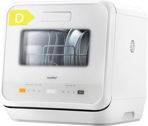 COMFEE' Mini Countertop Dishwasher in white with 6+3 programs, steam wash, baby care, fruit wash, and portable design – ideal for homes in the United Kingdom.