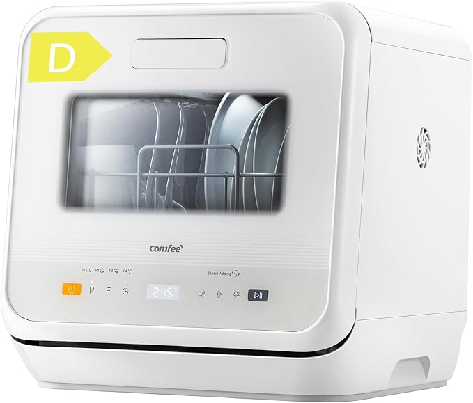 COMFEE' Mini Countertop Dishwasher in white with 6+3 programs, steam wash, baby care, fruit wash, and portable design – ideal for homes in the United Kingdom.