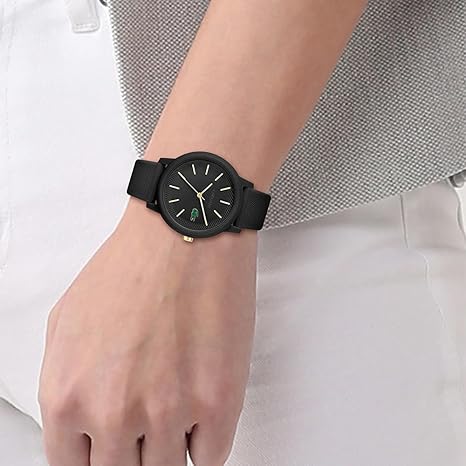 Lacoste 12.12 black silicone quartz watch with gold accents – premium unisex watch popular in the United Kingdom
