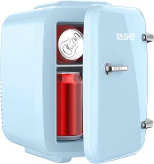 YASHE Mini Fridge in blue, 4L portable cooler and warmer, AC/DC powered, frost-free, quiet operation – ideal for homes, offices, and cars in the United Kingdom.