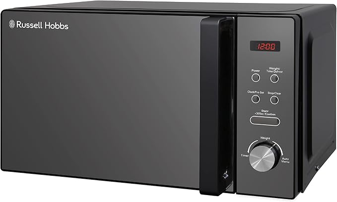 Russell Hobbs RHM2076B 20L Digital Microwave in black with mirror finish, auto cook menus, and easy-clean design for homes in the United Kingdom.