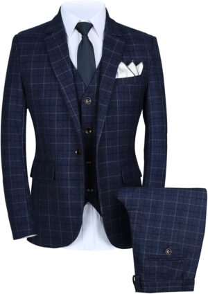 Men’s Slim Fit Checked Three Piece Suit for men in the UK – stylish blazer, waistcoat and trousers set