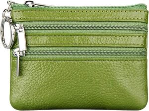Genuine leather purse for women in the UK featuring soft cow split leather, three zip pockets, and a keyring – stylish and compact wallet design