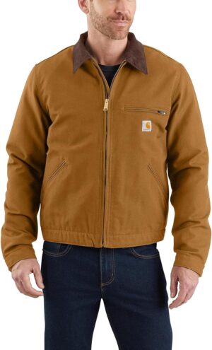 Carhartt Men’s Relaxed Fit Duck Blanket Lined Detroit Jacket in brown with blanket lining, designed for durable workwear in the United Kingdom.