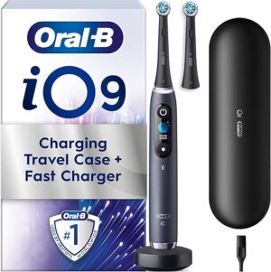 Oral-B iO 9 Electric Toothbrush Special Edition in Black with AI brushing technology, 2 brush heads, and fast charging travel case for adults in the United Kingdom