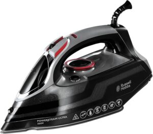 Russell Hobbs Power Steam Iron in black with ceramic soleplate, 3100W, 210g burst steam and 70g continuous steam – ideal for homes in the United Kingdom.