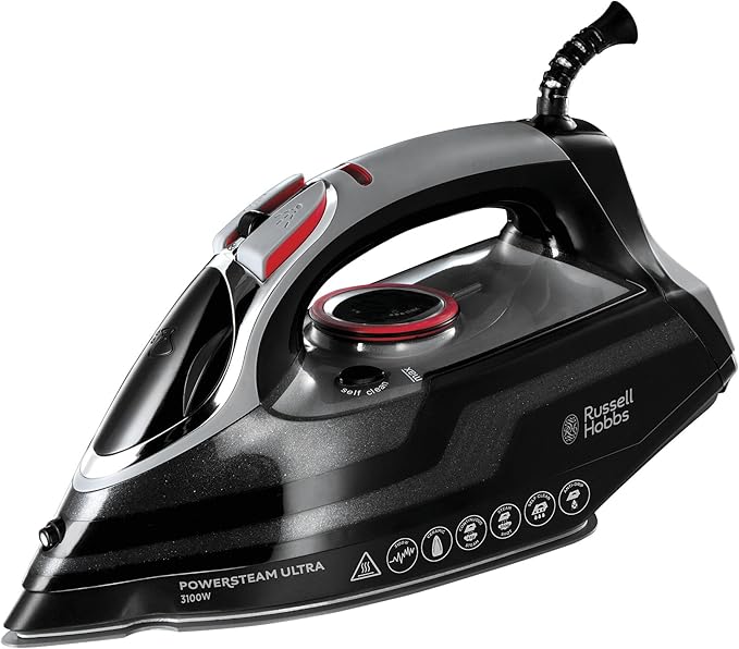 Russell Hobbs Power Steam Iron in black with ceramic soleplate, 3100W, 210g burst steam and 70g continuous steam – ideal for homes in the United Kingdom.