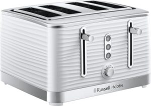 Russell Hobbs Inspire 4-slice white toaster with high-gloss textured design, extra-wide slots and blue LED lights for homes in the United Kingdom.