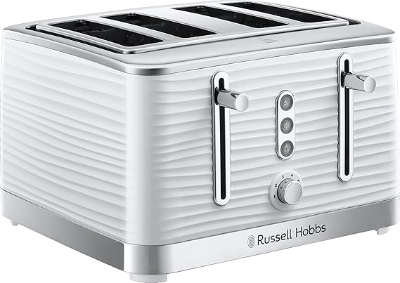 Russell Hobbs Inspire 4-slice white toaster with high-gloss textured design, extra-wide slots and blue LED lights for homes in the United Kingdom.