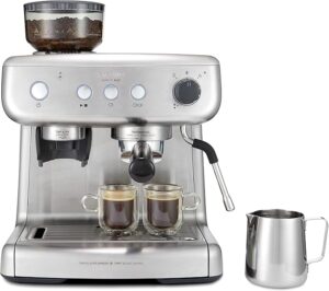 Breville Barista Max Espresso Machine with built-in coffee grinder and steam wand for high-quality home coffee brewing in the United Kingdom.