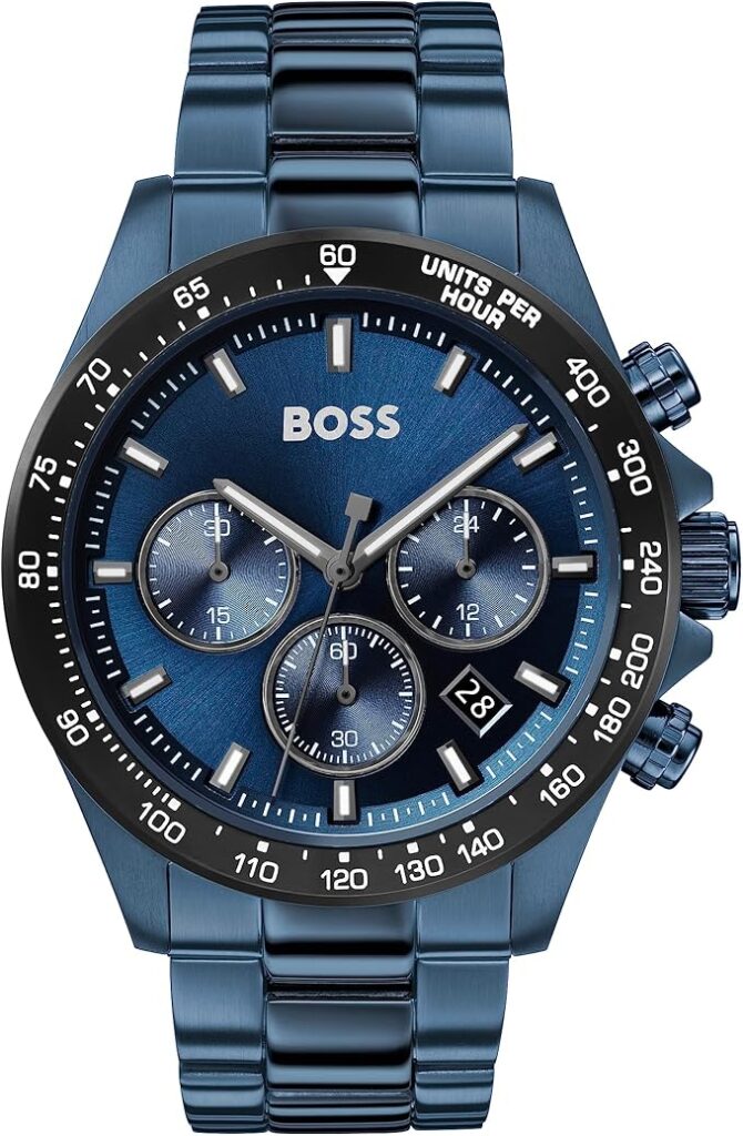 BOSS Hero 43mm Men's Chronograph Watch with Blue Dial and Stainless Steel Bracelet for the United Kingdom
