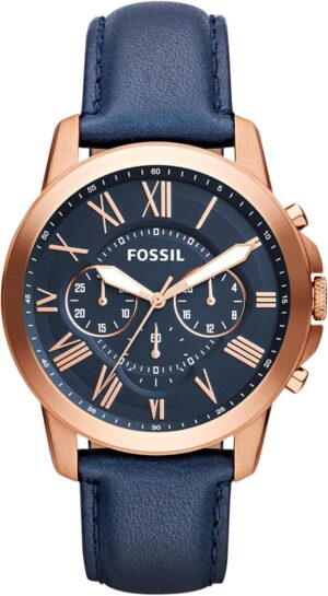 Front view of FOSSIL Grant men’s chronograph watch with rose gold stainless steel case and blue leather strap | Stylish men’s watch UK