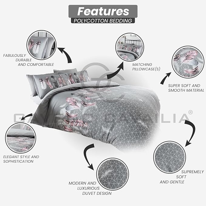 Close-up of Gaveno Cavailia polycotton duvet cover fabric with feathers pattern | Soft bedding UK