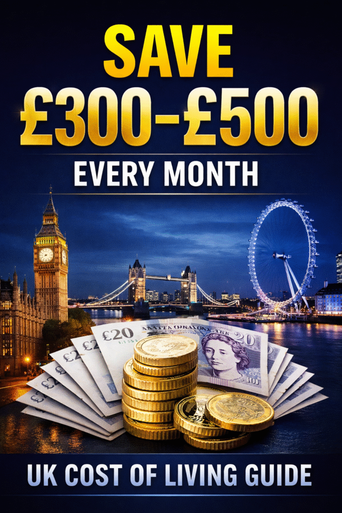 Save £300–£500 a month in the UK – money saving guide book cover